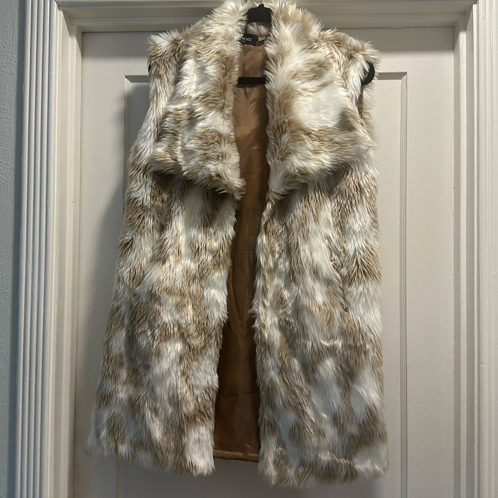 Tan and white faux fur vest